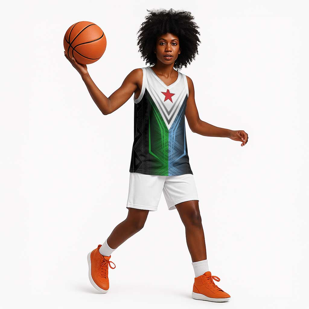 Djibouti Africa Basketball Jersey Tribal Geometry Meets National Colors and Red Star Boldness - African Pride