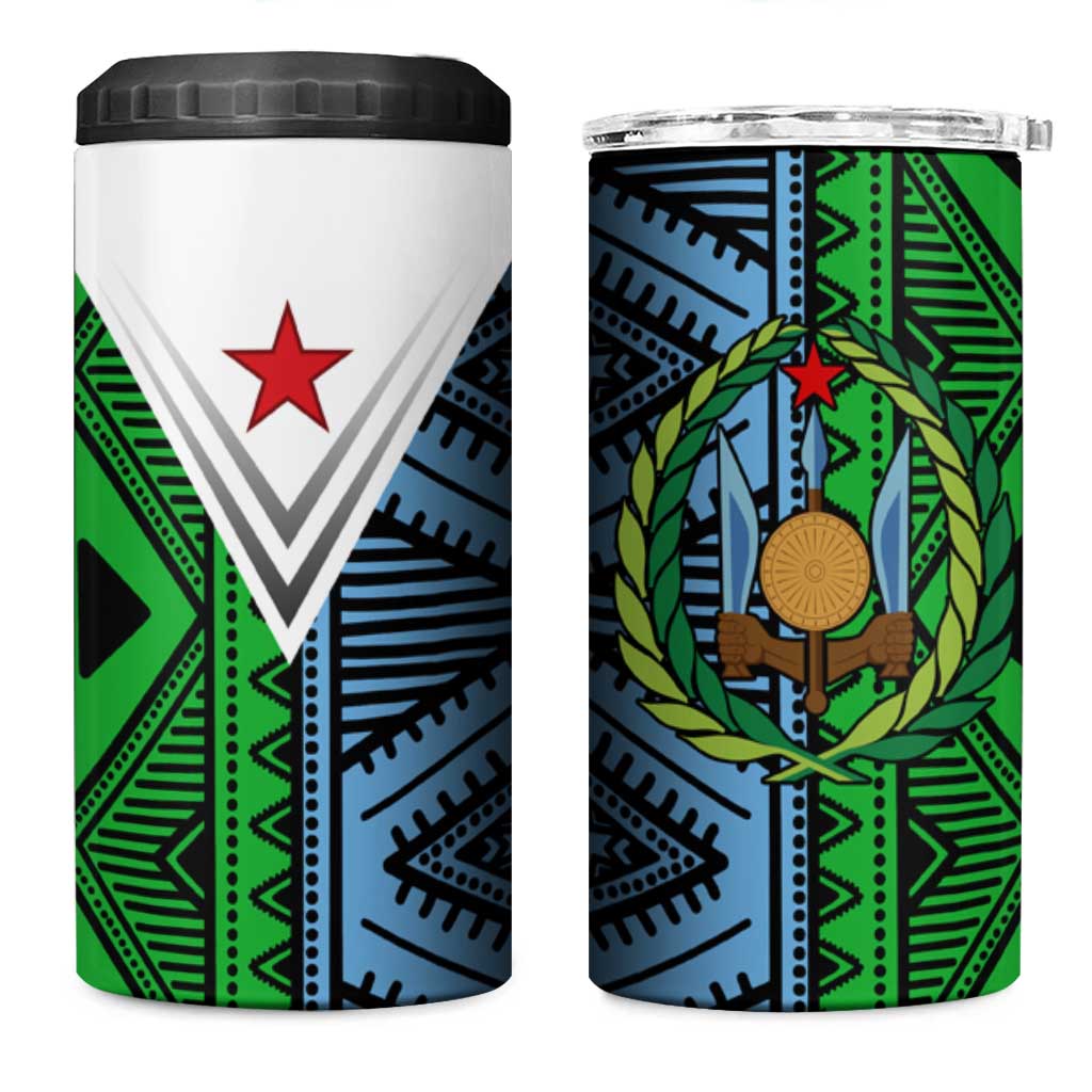 Djibouti Africa 4 in 1 Can Cooler Tumbler Tribal Geometry Meets National Colors and Red Star Boldness