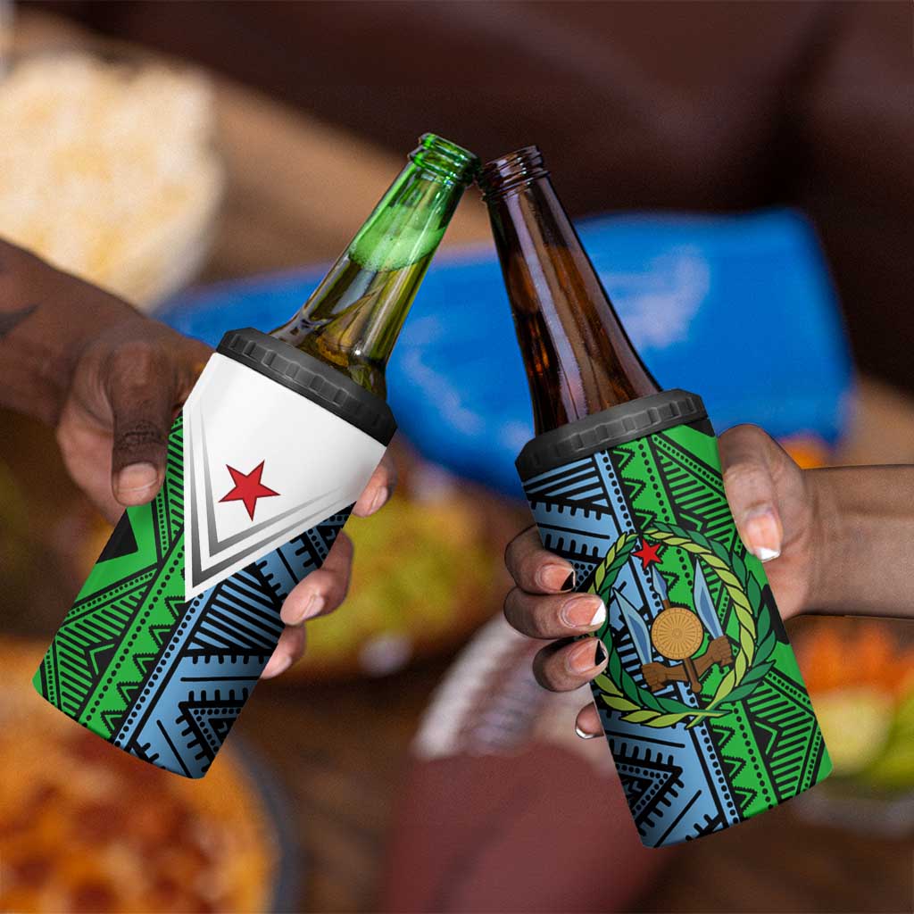 Djibouti Africa 4 in 1 Can Cooler Tumbler Tribal Geometry Meets National Colors and Red Star Boldness