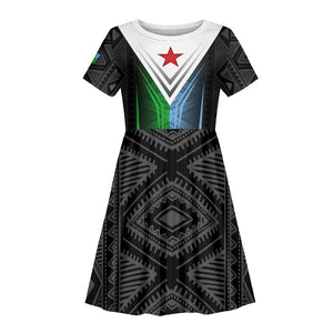 Djibouti Africa Kid Short Sleeve Dress Tribal Geometry Meets National Colors and Red Star Boldness
