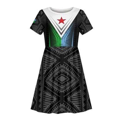 Djibouti Africa Kid Short Sleeve Dress Tribal Geometry Meets National Colors and Red Star Boldness