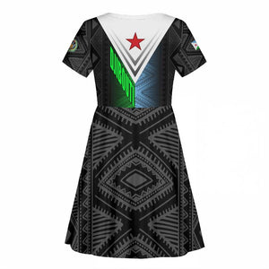 Djibouti Africa Kid Short Sleeve Dress Tribal Geometry Meets National Colors and Red Star Boldness