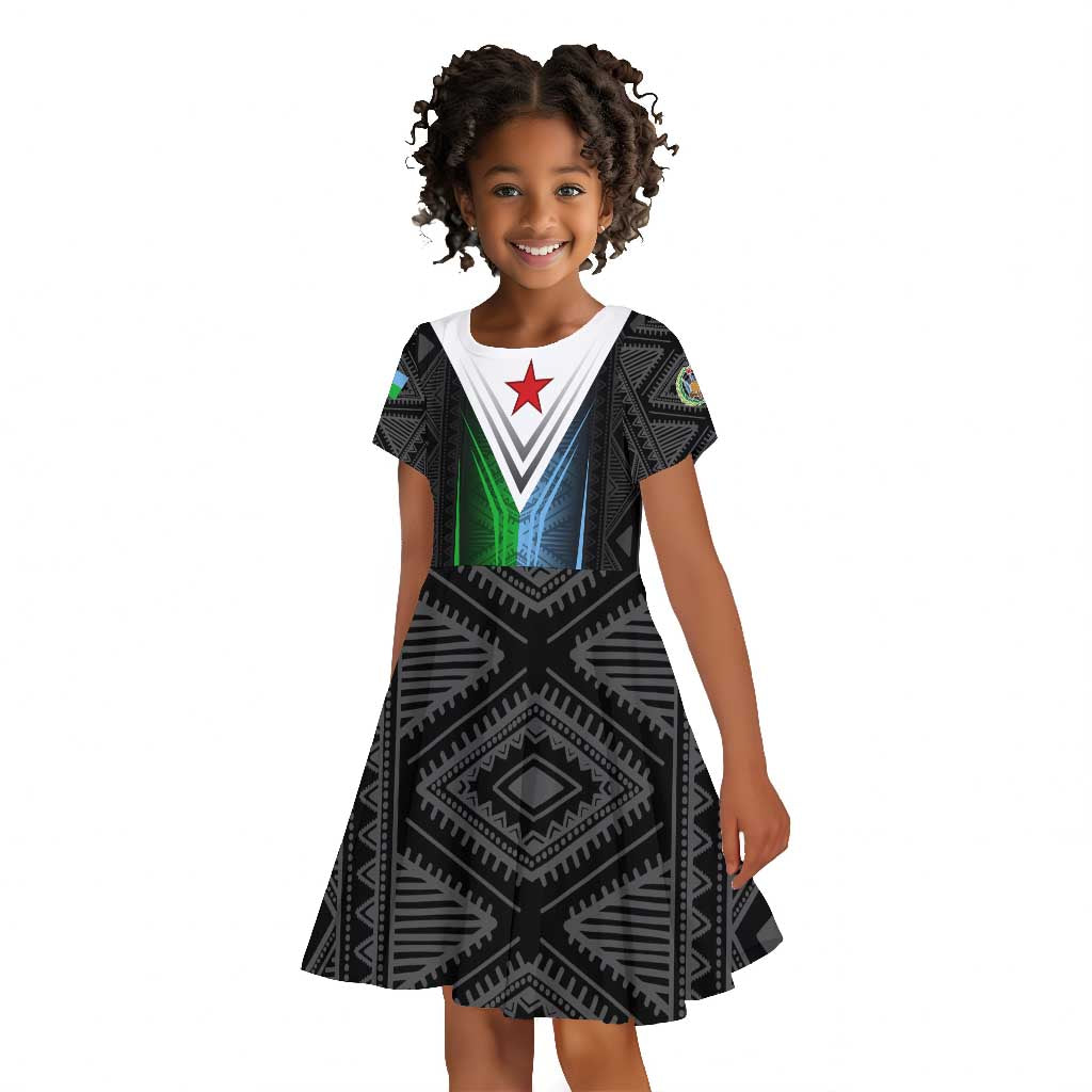 Djibouti Africa Kid Short Sleeve Dress Tribal Geometry Meets National Colors and Red Star Boldness