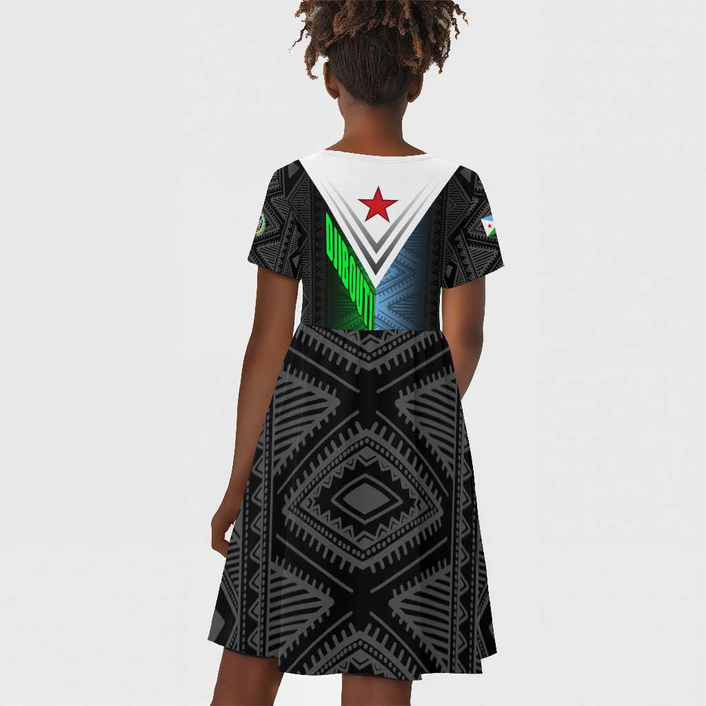 Djibouti Africa Kid Short Sleeve Dress Tribal Geometry Meets National Colors and Red Star Boldness