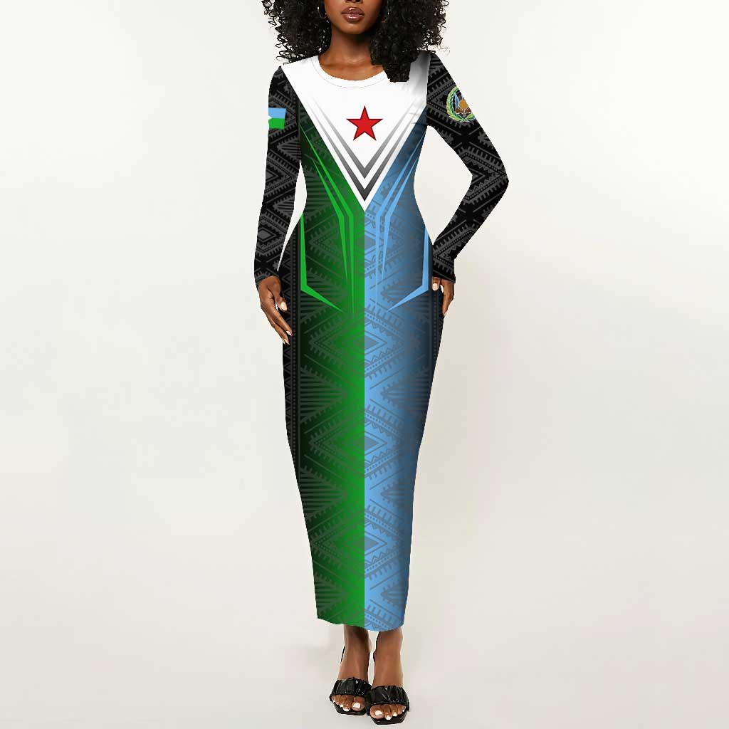 Djibouti Africa Long Sleeve Bodycon Dress Tribal Geometry Meets National Colors and Red Star Boldness TS04