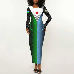 Djibouti Africa Long Sleeve Bodycon Dress Tribal Geometry Meets National Colors and Red Star Boldness TS04