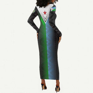 Djibouti Africa Long Sleeve Bodycon Dress Tribal Geometry Meets National Colors and Red Star Boldness TS04