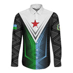Djibouti Africa Long Sleeve Button Shirt Tribal Geometry Meets National Colors and Red Star Boldness