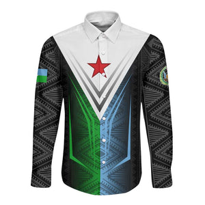 Djibouti Africa Long Sleeve Button Shirt Tribal Geometry Meets National Colors and Red Star Boldness