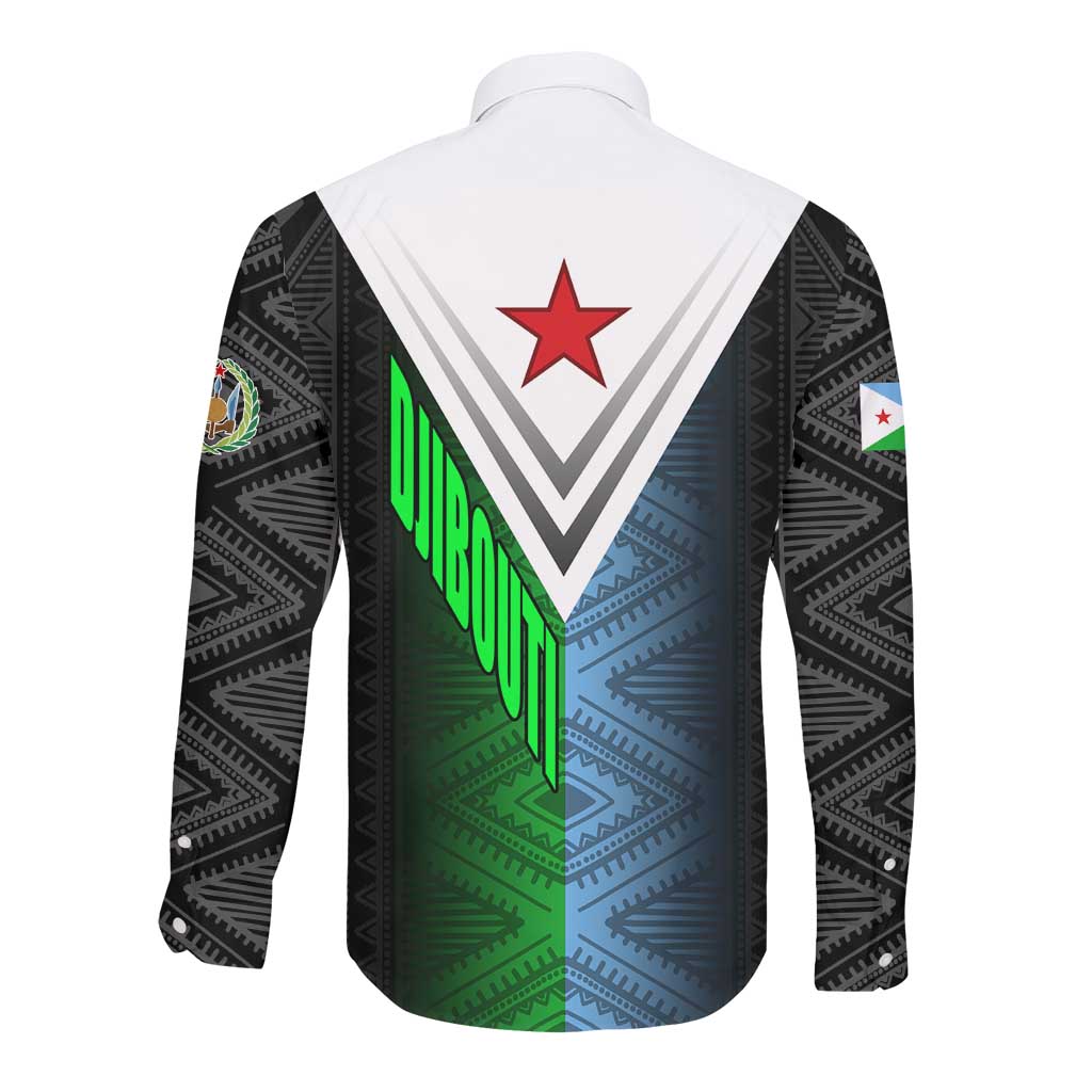Djibouti Africa Long Sleeve Button Shirt Tribal Geometry Meets National Colors and Red Star Boldness