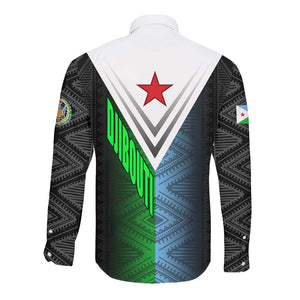 Djibouti Africa Long Sleeve Button Shirt Tribal Geometry Meets National Colors and Red Star Boldness