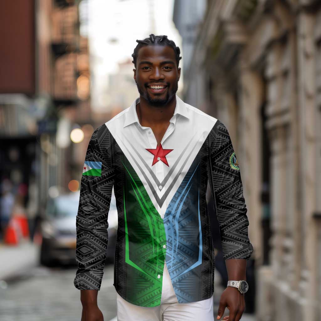 Djibouti Africa Long Sleeve Button Shirt Tribal Geometry Meets National Colors and Red Star Boldness