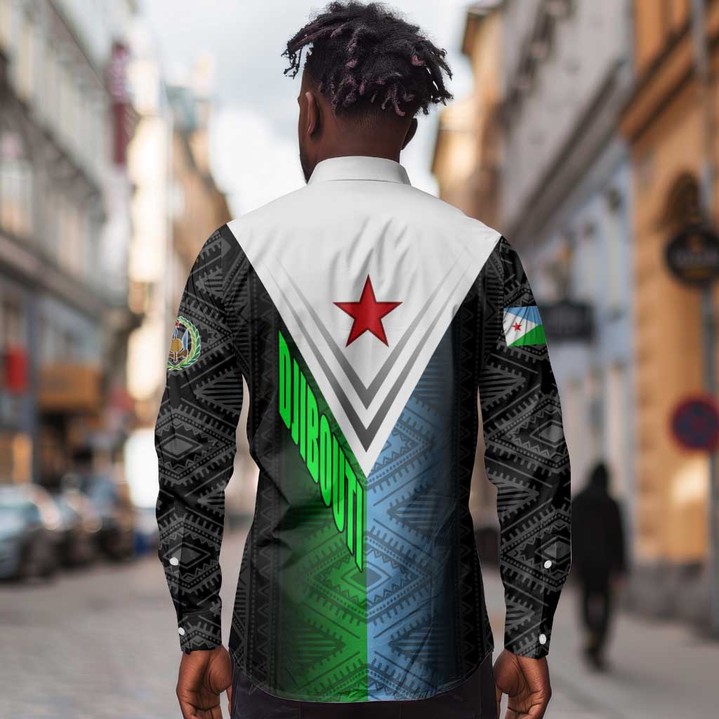 Djibouti Africa Long Sleeve Button Shirt Tribal Geometry Meets National Colors and Red Star Boldness