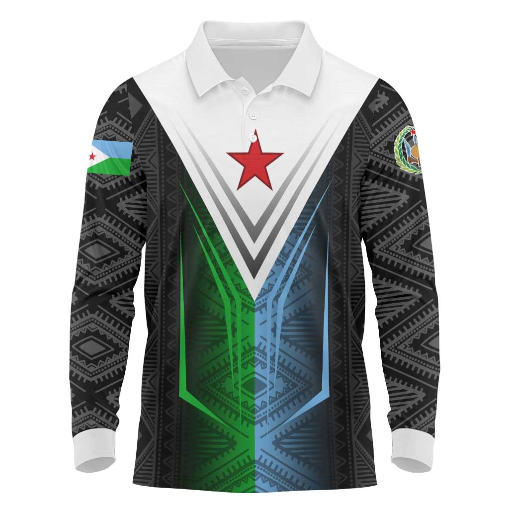 Djibouti Africa Long Sleeve Polo Shirt Tribal Geometry Meets National Colors and Red Star Boldness
