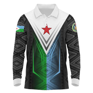 Djibouti Africa Long Sleeve Polo Shirt Tribal Geometry Meets National Colors and Red Star Boldness