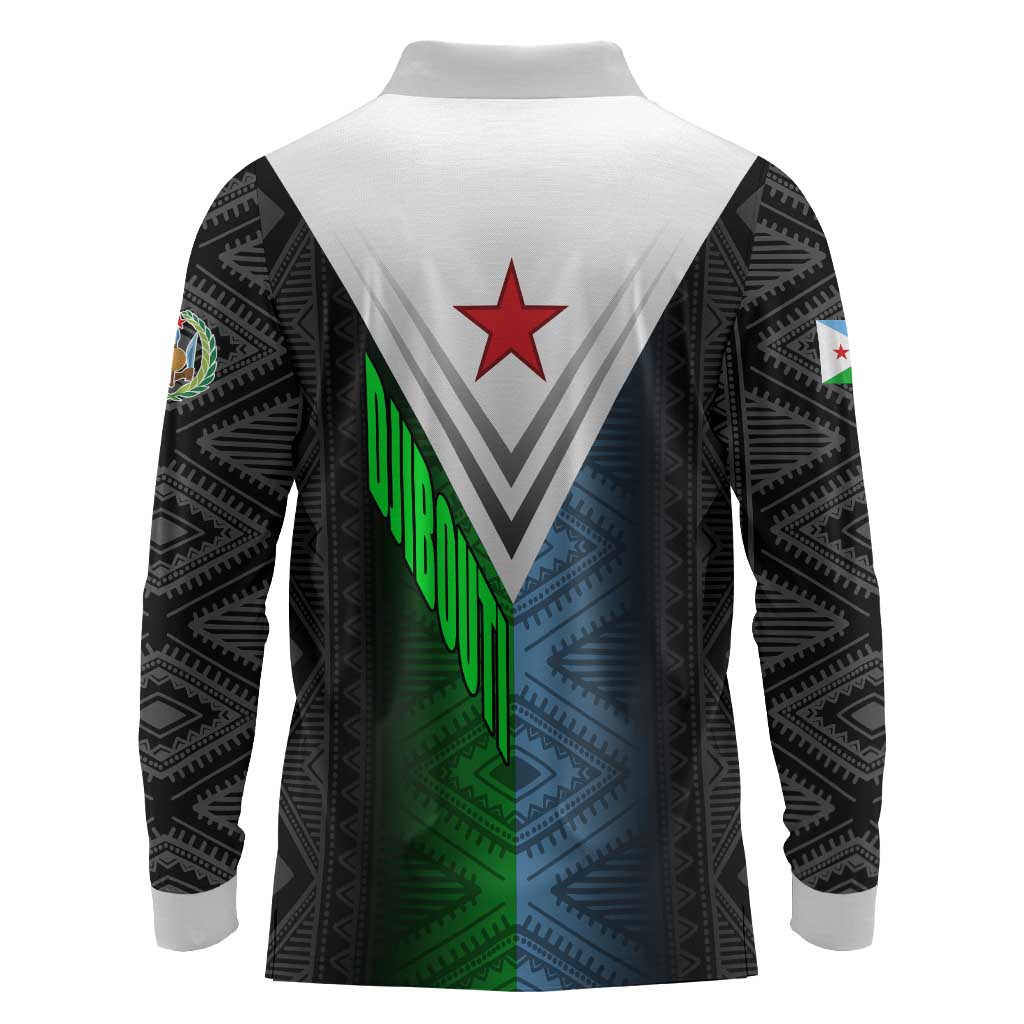 Djibouti Africa Long Sleeve Polo Shirt Tribal Geometry Meets National Colors and Red Star Boldness