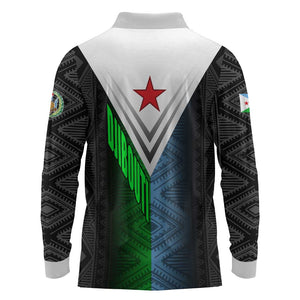 Djibouti Africa Long Sleeve Polo Shirt Tribal Geometry Meets National Colors and Red Star Boldness