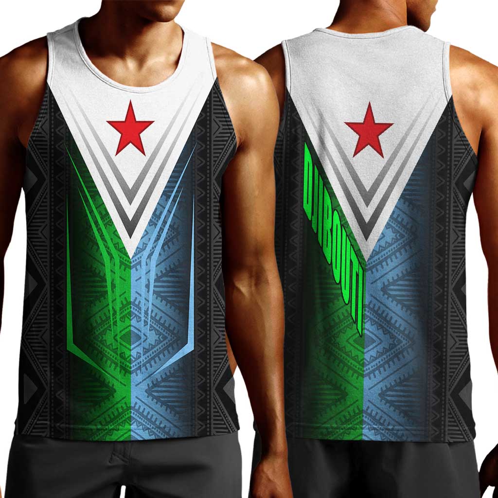 Djibouti Africa Men Tank Top Tribal Geometry Meets National Colors and Red Star Boldness