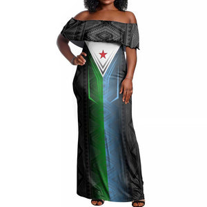Djibouti Africa Off Shoulder Maxi Dress Tribal Geometry Meets National Colors and Red Star Boldness