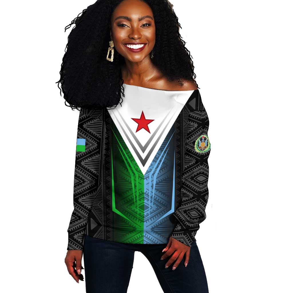 Djibouti Africa Off Shoulder Sweater Tribal Geometry Meets National Colors and Red Star Boldness