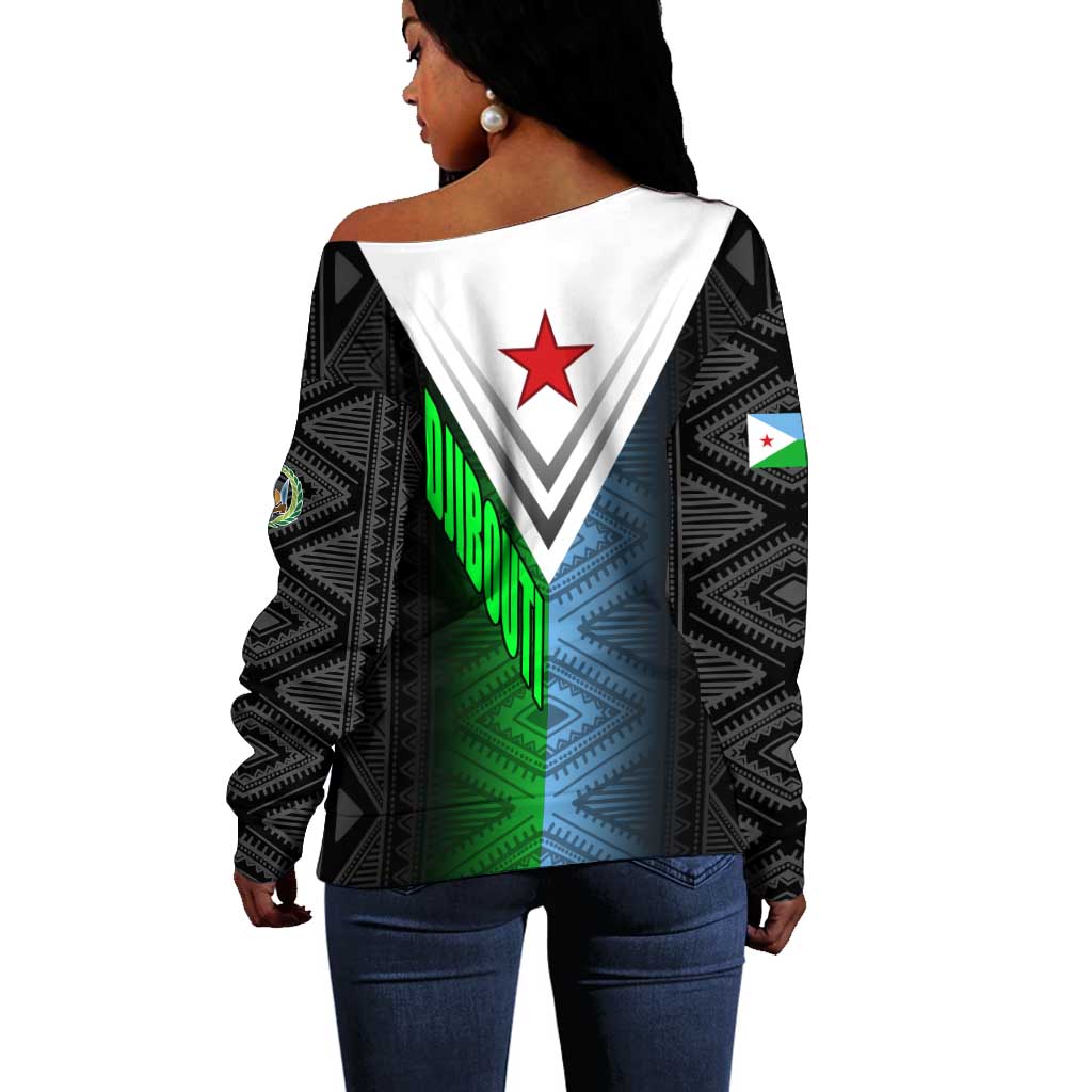 Djibouti Africa Off Shoulder Sweater Tribal Geometry Meets National Colors and Red Star Boldness
