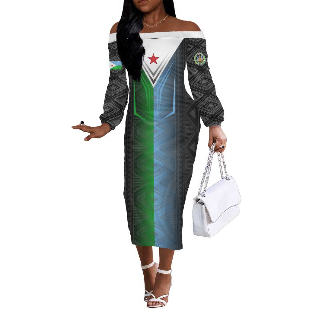 Djibouti Africa Off The Shoulder Long Sleeve Dress Tribal Geometry Meets National Colors and Red Star Boldness