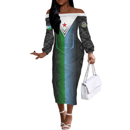Djibouti Africa Off The Shoulder Long Sleeve Dress Tribal Geometry Meets National Colors and Red Star Boldness