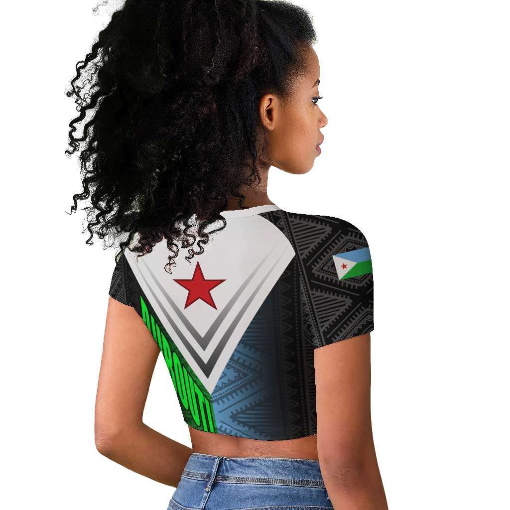 Djibouti Africa Raglan Cropped T shirt Tribal Geometry Meets National Colors and Red Star Boldness