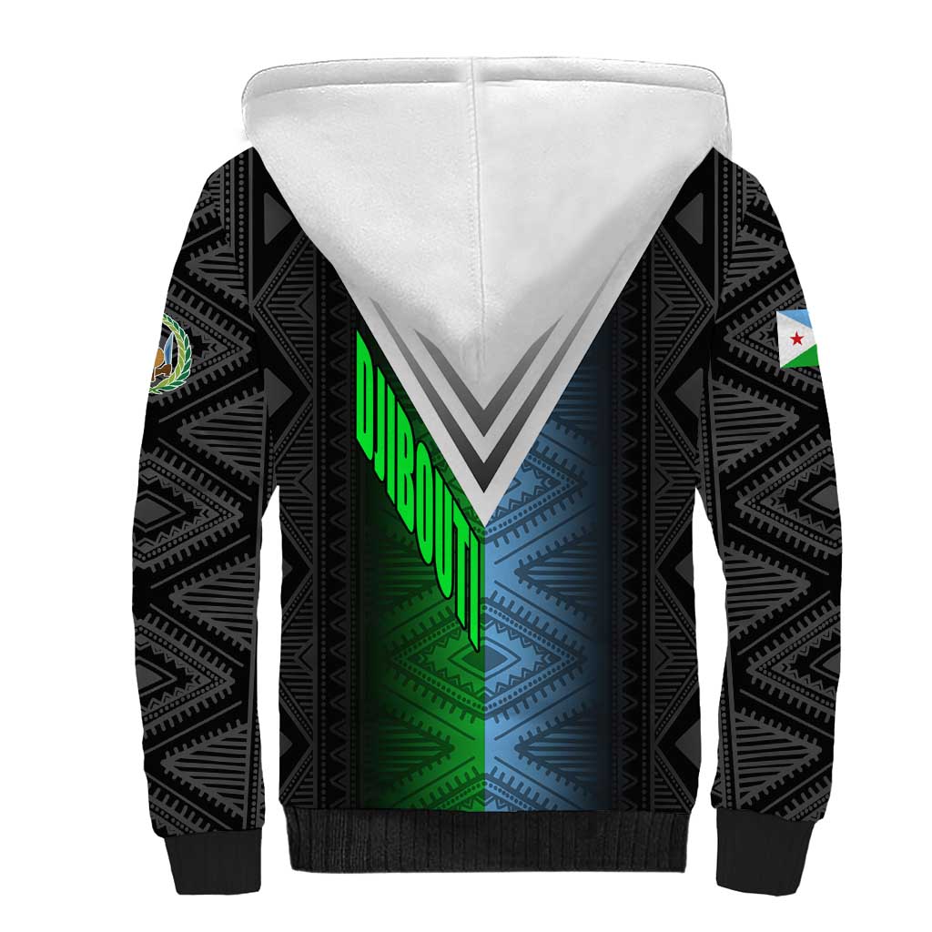 Djibouti Africa Sherpa Hoodie Tribal Geometry Meets National Colors and Red Star Boldness