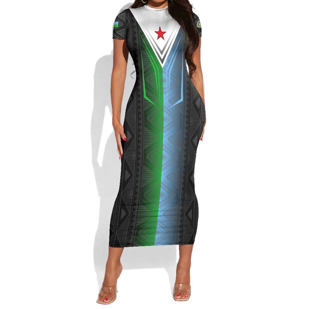 Djibouti Africa Short Sleeve Bodycon Dress Tribal Geometry Meets National Colors and Red Star Boldness TS04