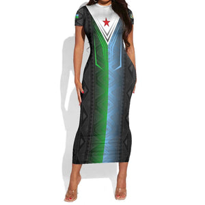Djibouti Africa Short Sleeve Bodycon Dress Tribal Geometry Meets National Colors and Red Star Boldness TS04
