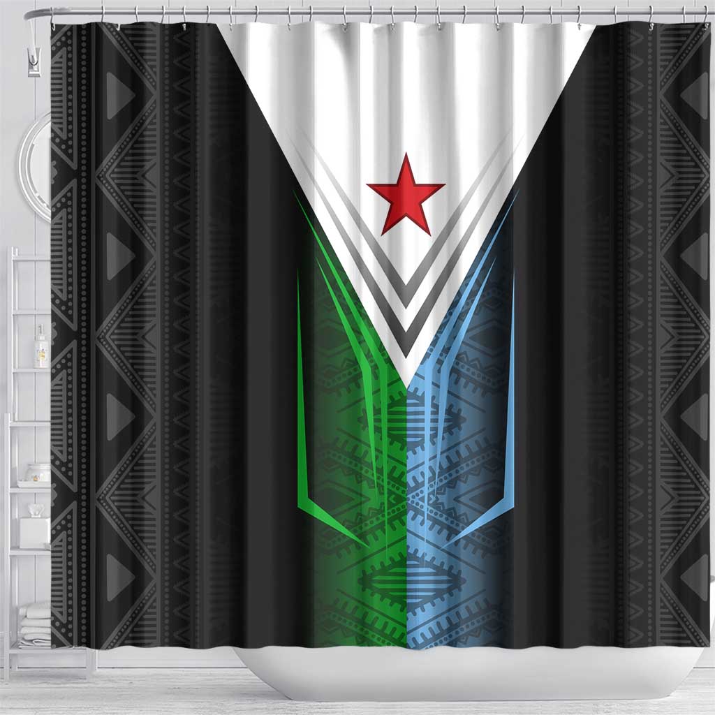Djibouti Africa Shower Curtain Tribal Geometry Meets National Colors and Red Star Boldness