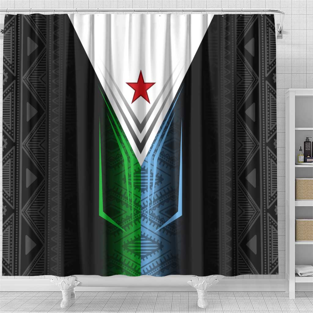 Djibouti Africa Shower Curtain Tribal Geometry Meets National Colors and Red Star Boldness