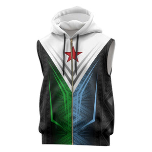 Djibouti Africa Sleeveless Zip Hoodie Tribal Geometry Meets National Colors and Red Star Boldness - African Pride