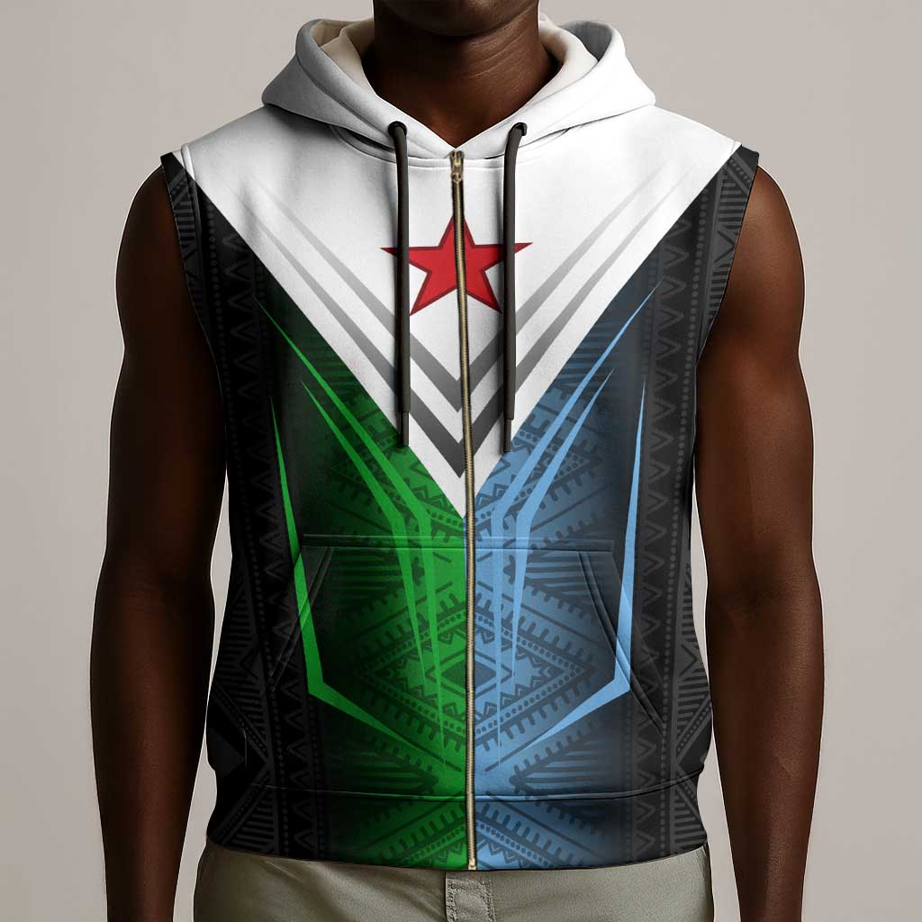 Djibouti Africa Sleeveless Zip Hoodie Tribal Geometry Meets National Colors and Red Star Boldness - African Pride