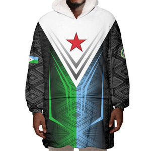 Djibouti Africa Wearable Blanket Hoodie Tribal Geometry Meets National Colors and Red Star Boldness