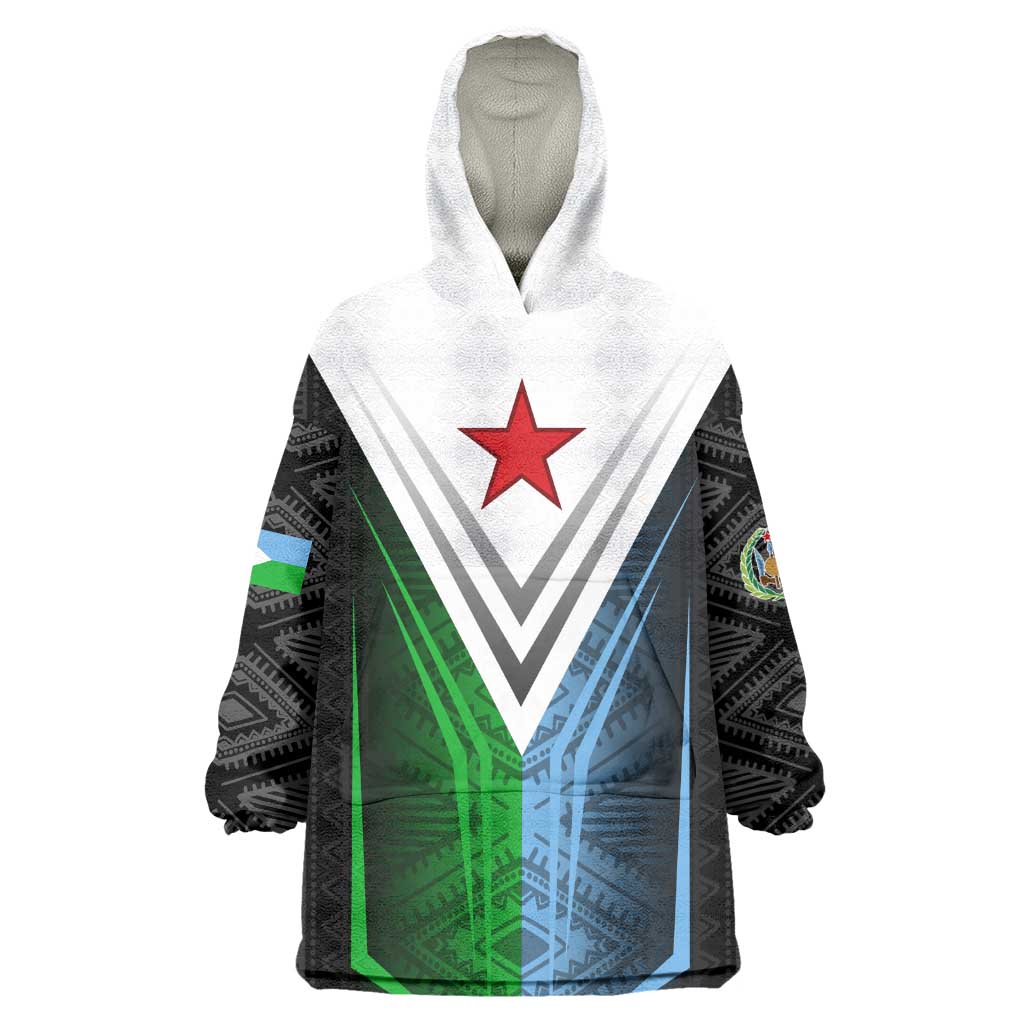 Djibouti Africa Wearable Blanket Hoodie Tribal Geometry Meets National Colors and Red Star Boldness