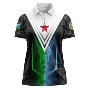 Djibouti Africa Women Polo Shirt Tribal Geometry Meets National Colors and Red Star Boldness