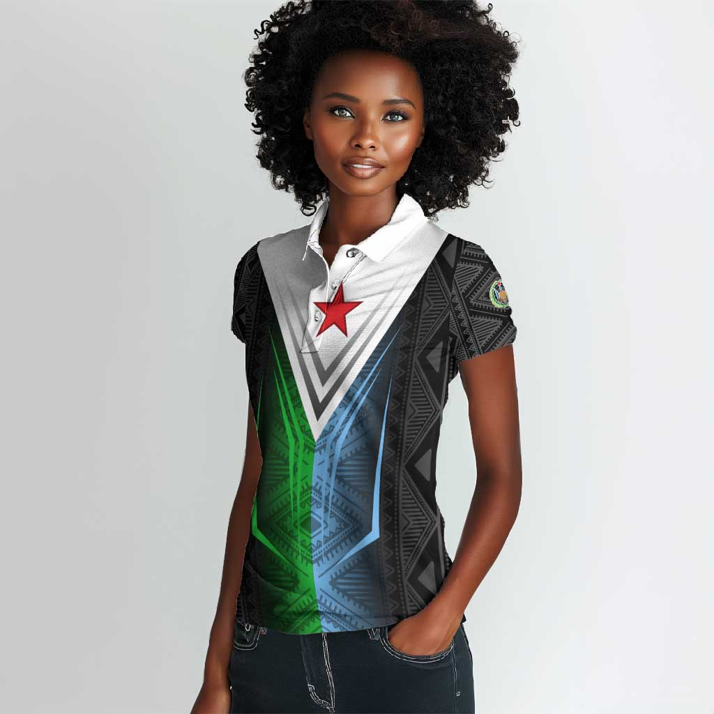 Djibouti Africa Women Polo Shirt Tribal Geometry Meets National Colors and Red Star Boldness