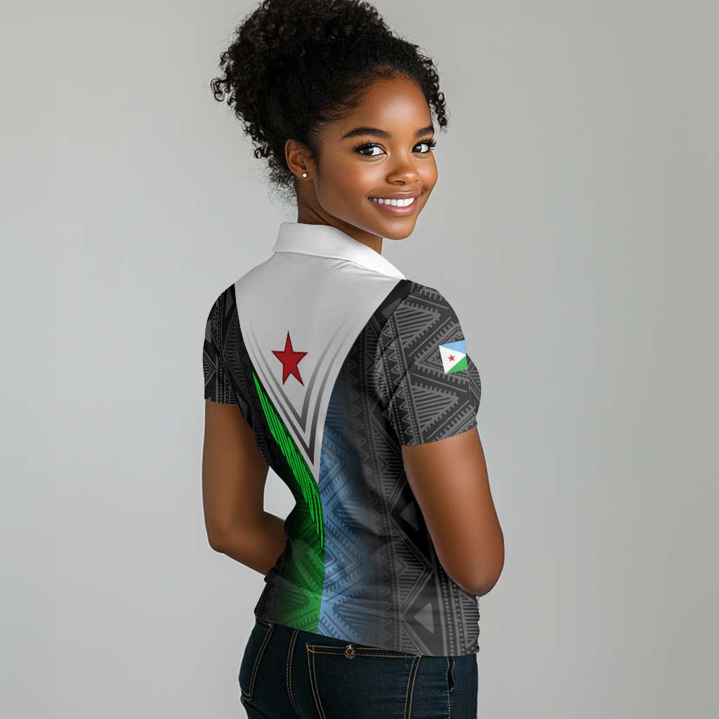 Djibouti Africa Women Polo Shirt Tribal Geometry Meets National Colors and Red Star Boldness
