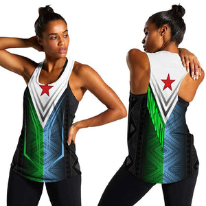 Djibouti Africa Women Racerback Tank Tribal Geometry Meets National Colors and Red Star Boldness