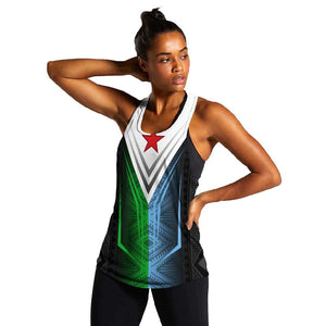 Djibouti Africa Women Racerback Tank Tribal Geometry Meets National Colors and Red Star Boldness