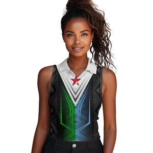 Djibouti Africa Women Sleeveless Polo Shirt Tribal Geometry Meets National Colors and Red Star Boldness