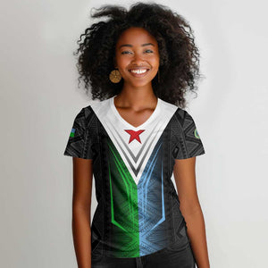 Djibouti Africa Women V-Neck T-Shirt Tribal Geometry Meets National Colors and Red Star Boldness