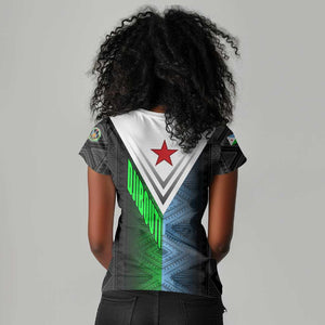 Djibouti Africa Women V-Neck T-Shirt Tribal Geometry Meets National Colors and Red Star Boldness
