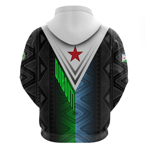 Djibouti Africa Zip Hoodie Tribal Geometry Meets National Colors and Red Star Boldness