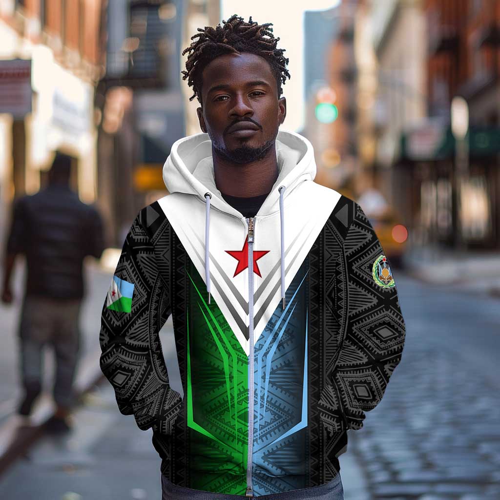Djibouti Africa Zip Hoodie Tribal Geometry Meets National Colors and Red Star Boldness