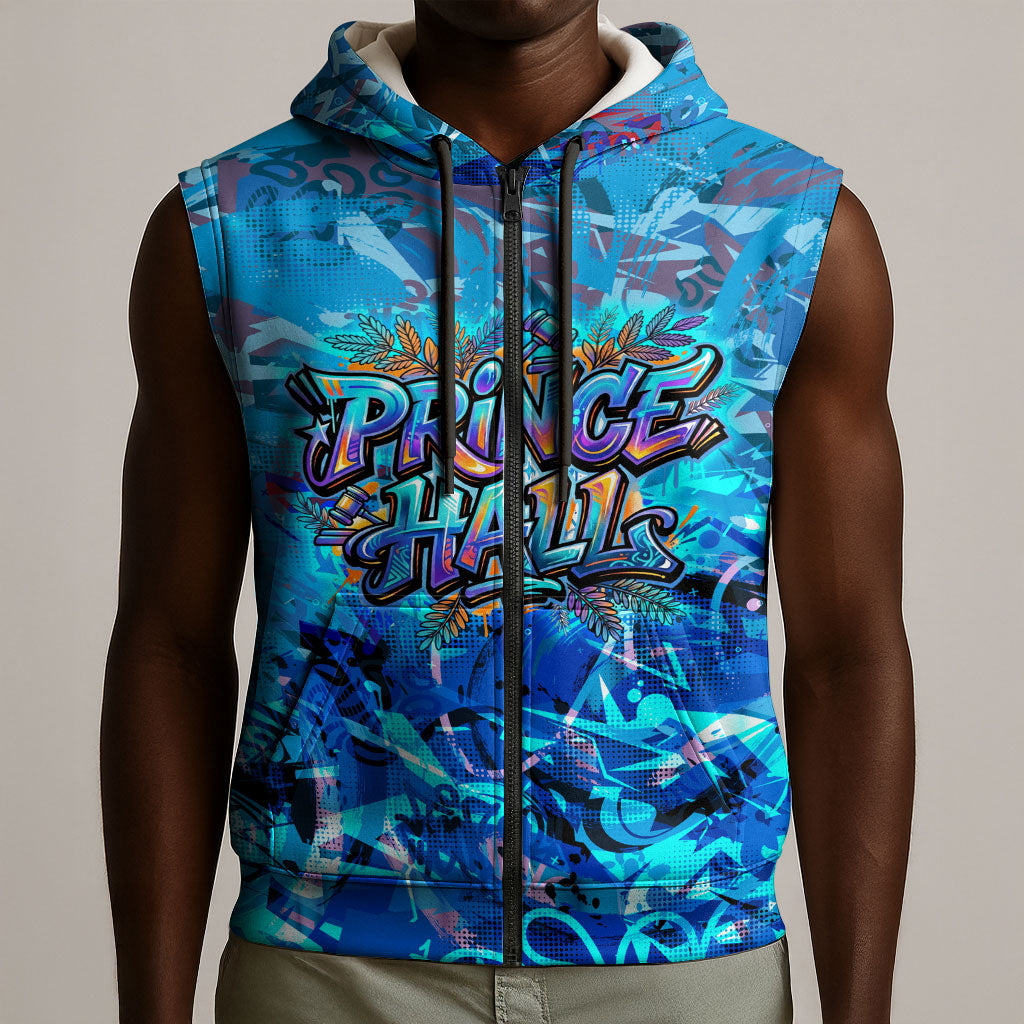 Prince Hall Freemasonry Sleeveless Zip Hoodie Compasses Masonic Art - Urban Graffiti Style