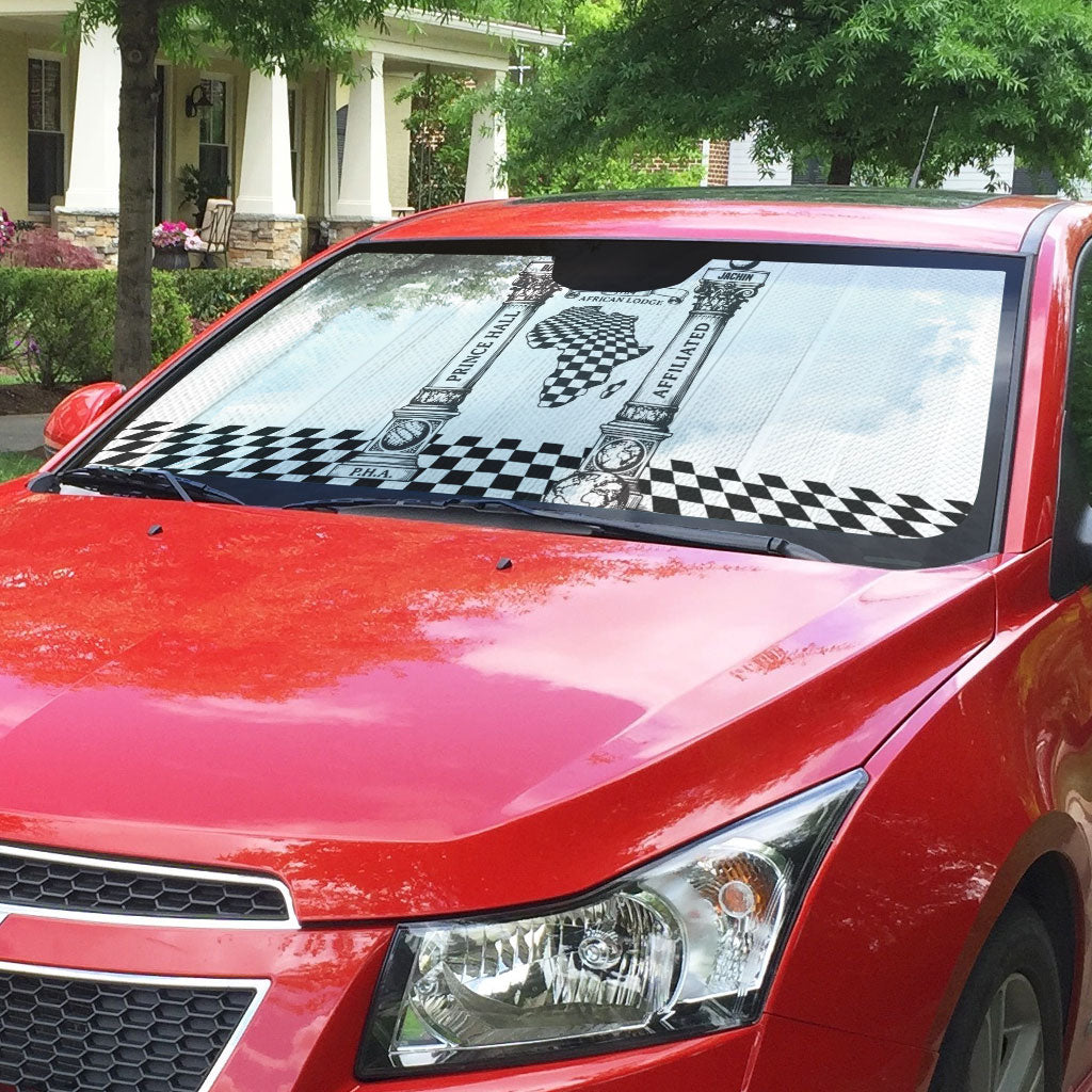 Prince Hall Affiliated Freemasonry Auto Sun Shade Classic Masonic Pillars Boaz Jachin Checkerboard Africa Map