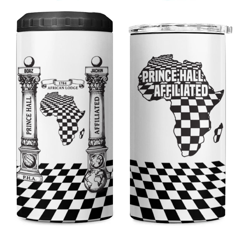 Prince Hall Affiliated Freemasonry 4 in 1 Can Cooler Tumbler Classic Masonic Pillars Boaz Jachin Checkerboard Africa Map